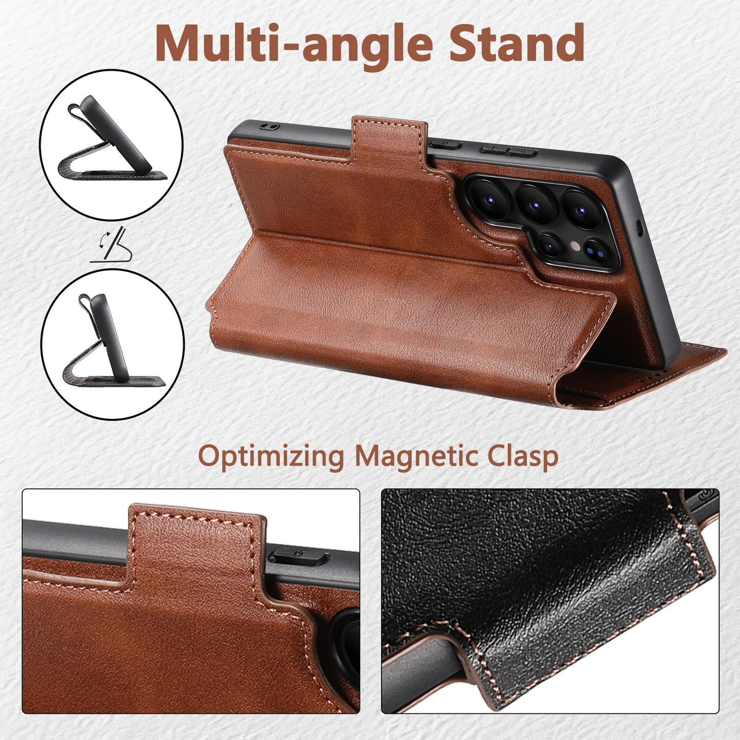 Magnetic Flip Wallet Case with Card Holder & Stand for Samsung Galaxy S26 Ultra / S25 / S24 / S23 – Faux Leather Wireless Charging Cover