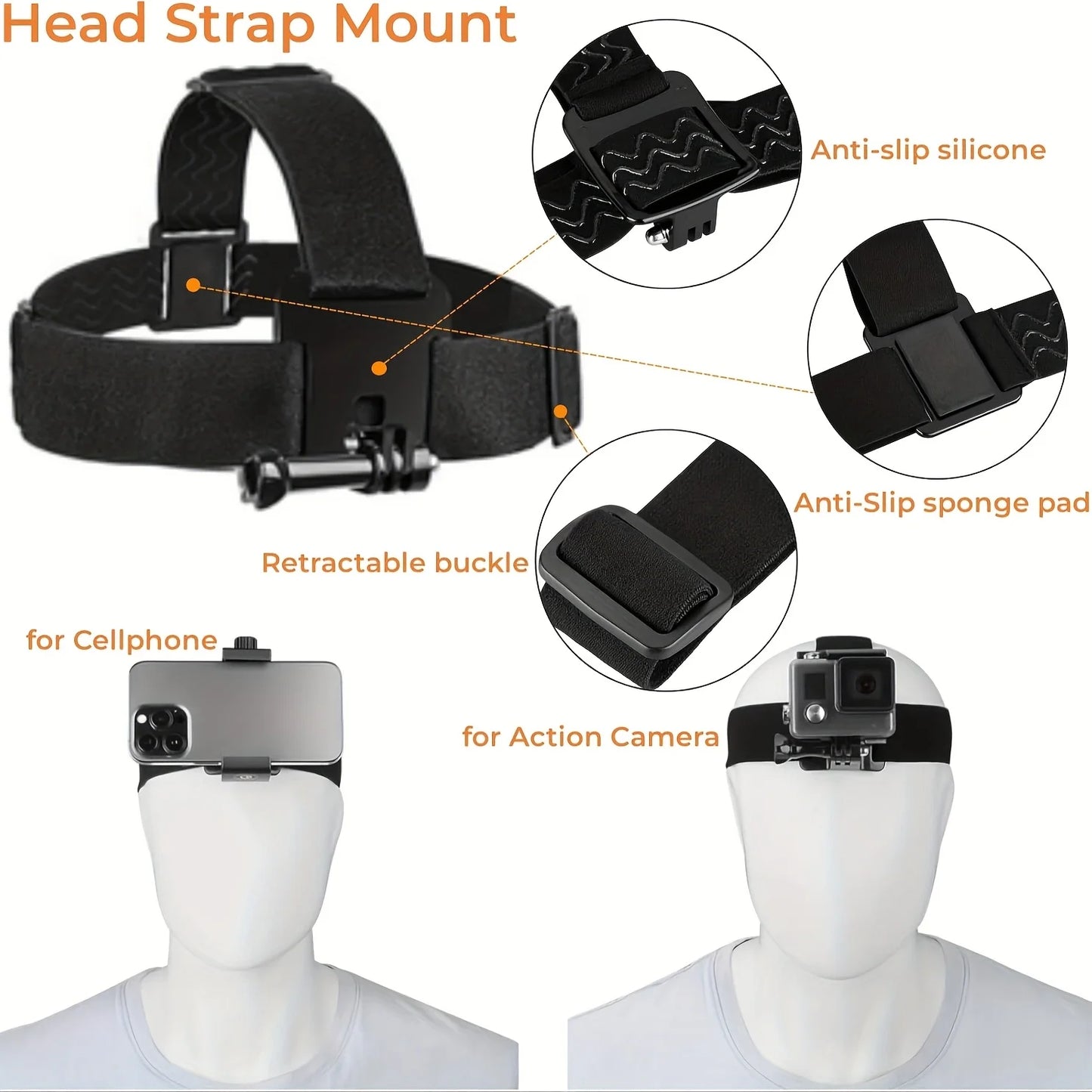 Adjustable Headband and Chest Mount Strap Holder for Mobile Phones and Action Cameras Compatible with GoPro DJI and More Hands Free Shooting Accessory