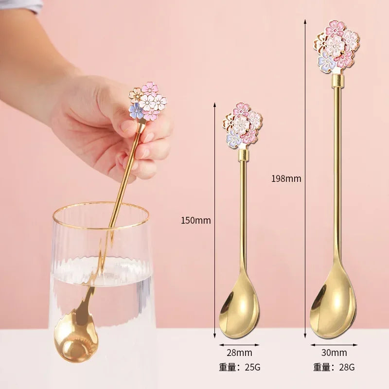 Colorful Cherry Spoons Long Handle Dessert Spoon 304 Stainless Steel Petal Teaspoons Catoon Blossom Star Fish Shape Home Decor