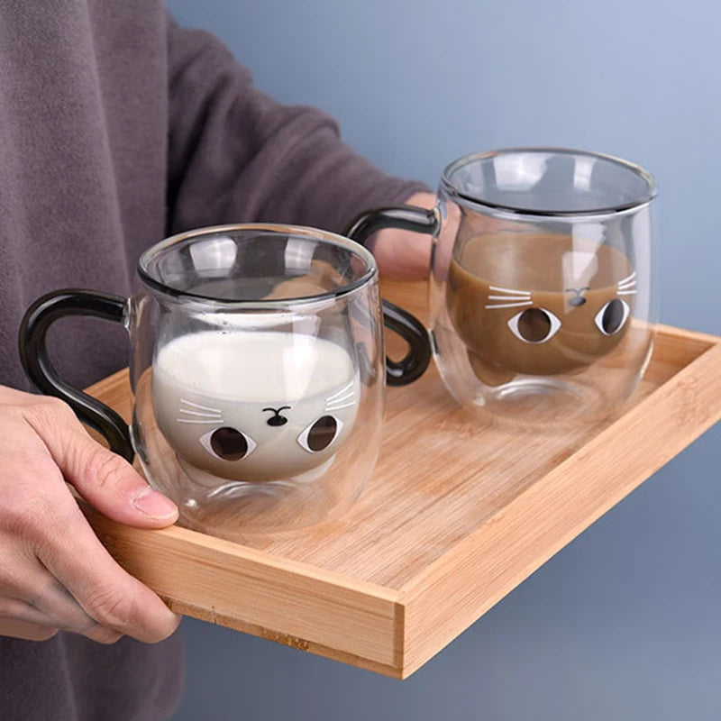 250ml Cartoon Cat Double Wall Glass Cute Coffee Tea Cup Heat-resistant Coffee Mug Handle Espresso Cup For Latte Cappuccino