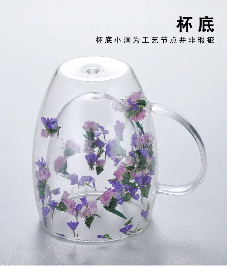Double Wall Glass Coffee Mugs Double Insulated Glass Cup 350ml Flower Design