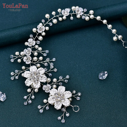 Flower Headpiece Wedding Headband for Bride Crystal Pearls Women Tiara Bridal Headpieces Hair Jewelry