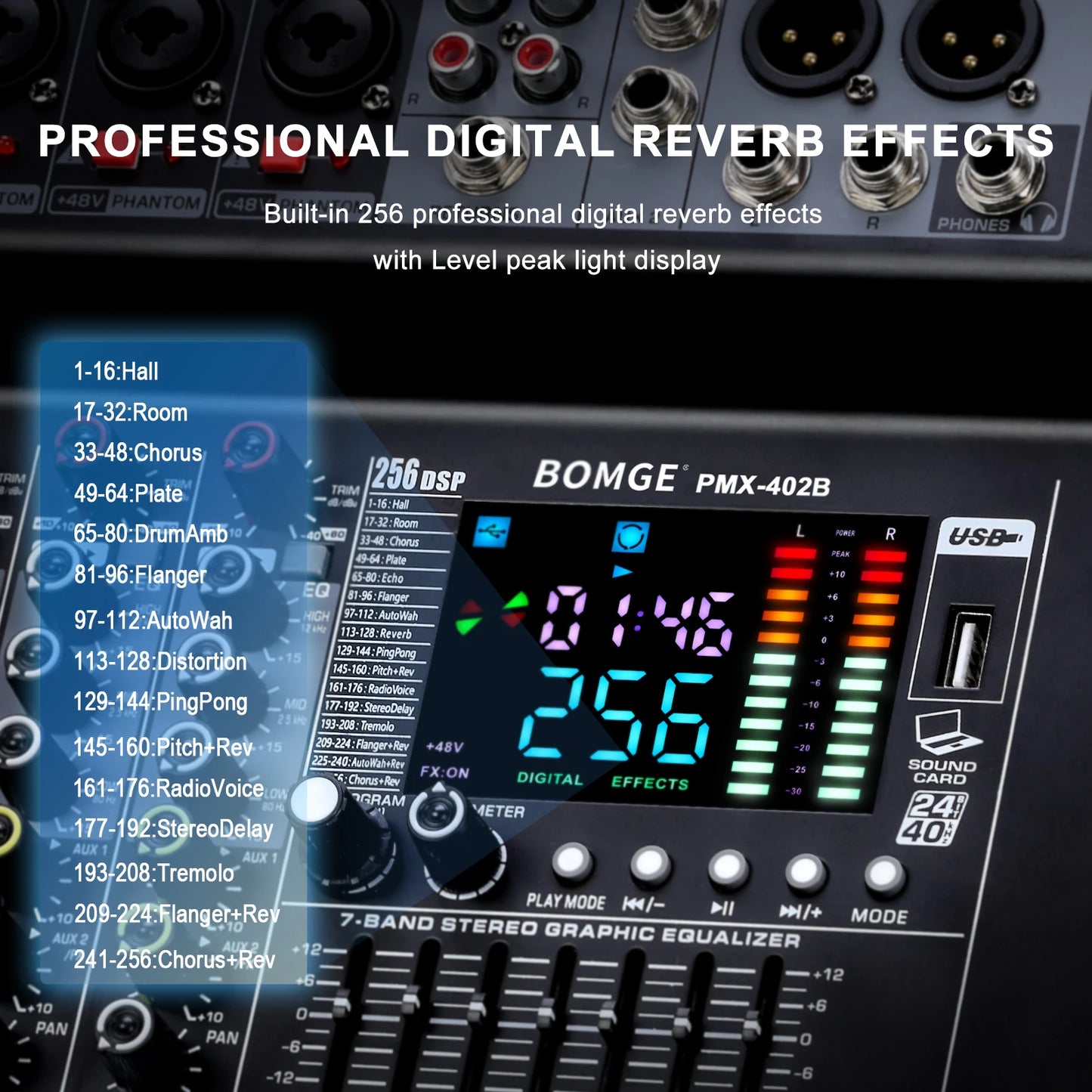 Professional 4 Channel Audio Mixer with Bluetooth and 256 Reverb Effects