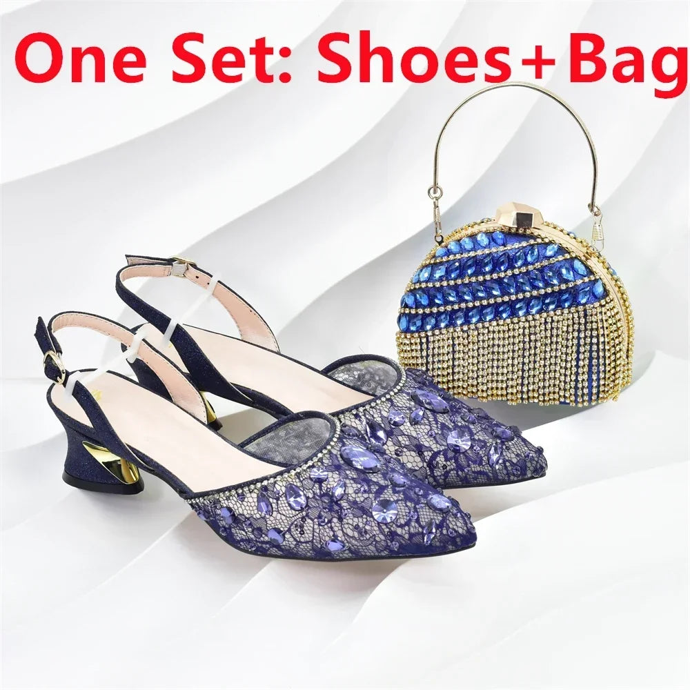 African Wedding Shoes and Bag Set with Rhinestone Italian Design Shoes with Matching Bags Nigerian Lady Party Pumps