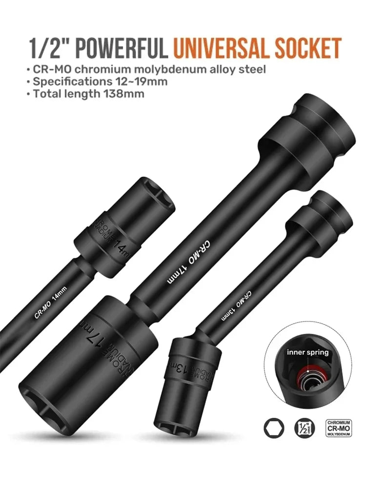 Impact Swivel Hex Socket Head Adapter 1/2-Inch Drive Universal Joint Cr-Mo Steel Spanner Converter 12-19mm