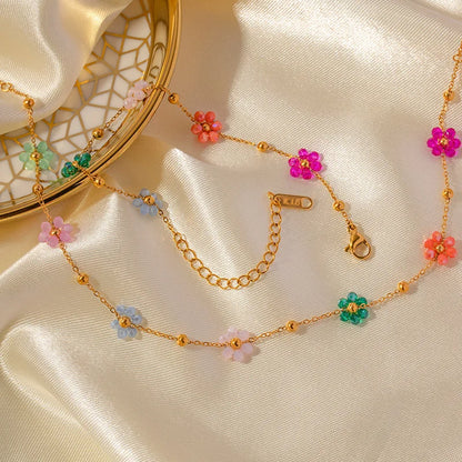 Exquisite Colorful Flower Chain Necklace Bracelet Set For Women Gold Plated Titanium Steel Daisy Choker Necklace