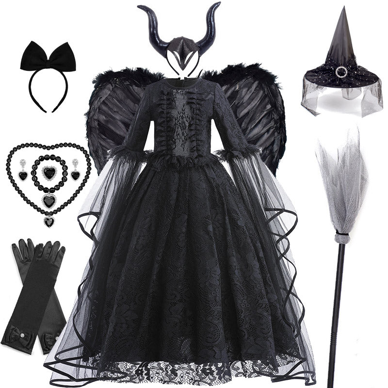 Halloween Witch Dress For Girls Black Evil Queen Cosplay Costume Luxury Lace Ruffles Floor Length Outfits Kids Carnival Frocks