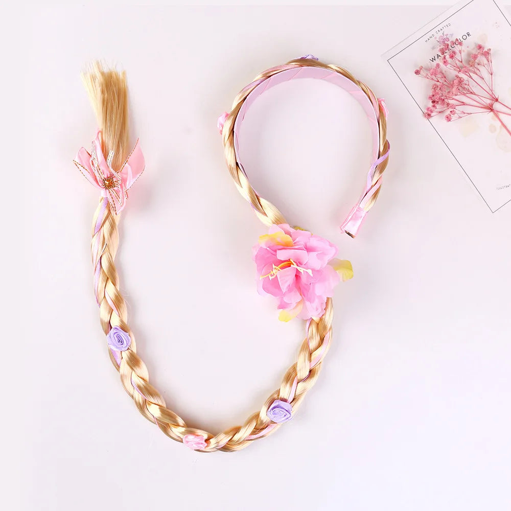 Girls Pink Blue Purple Flower Weaving Braid Headband  Princess Dress Up Hair Accessories Aurora Elsa Sofia Rapunzel Wig