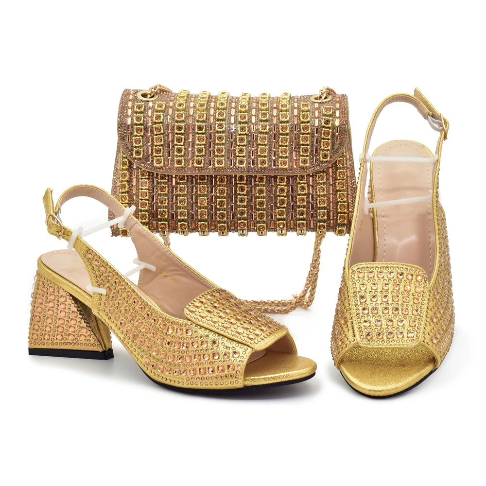 Nigerian Women's Purple Color Mid Heels Frosted Crystal Shiny Rhinestone Party Itaian Design Peep Toe Shoes and Bag Set