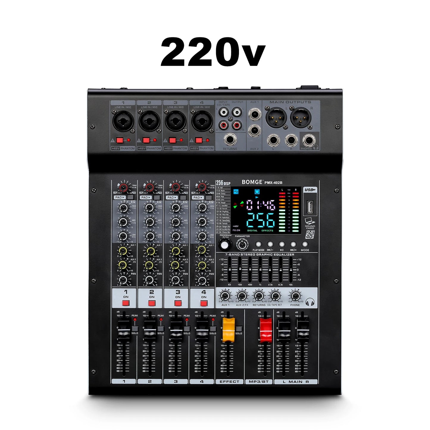 Professional 4 Channel Audio Mixer with Bluetooth and 256 Reverb Effects