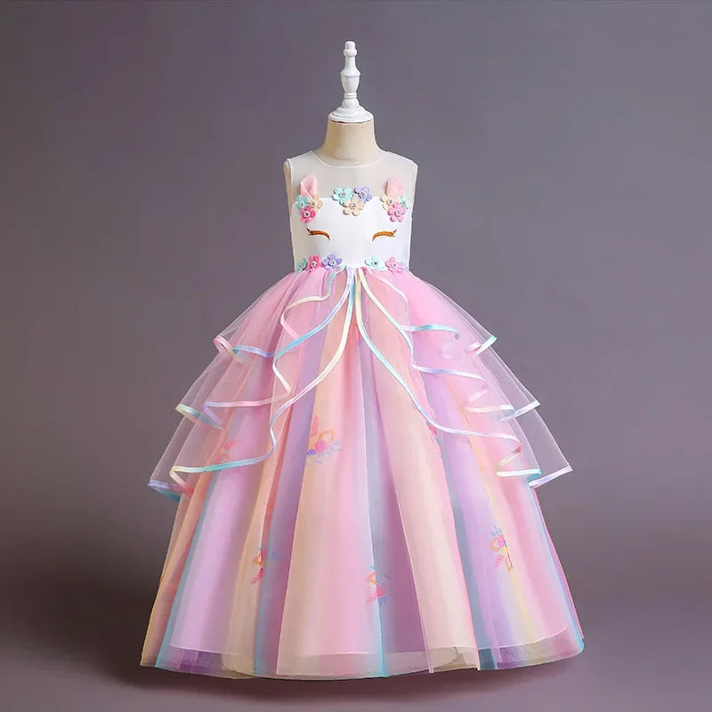 Elegant Princess Lace Dress Kids Flower Embroidery Dresses For Girls Vintage Children Costume for Christmas Party Pink Ball Gown