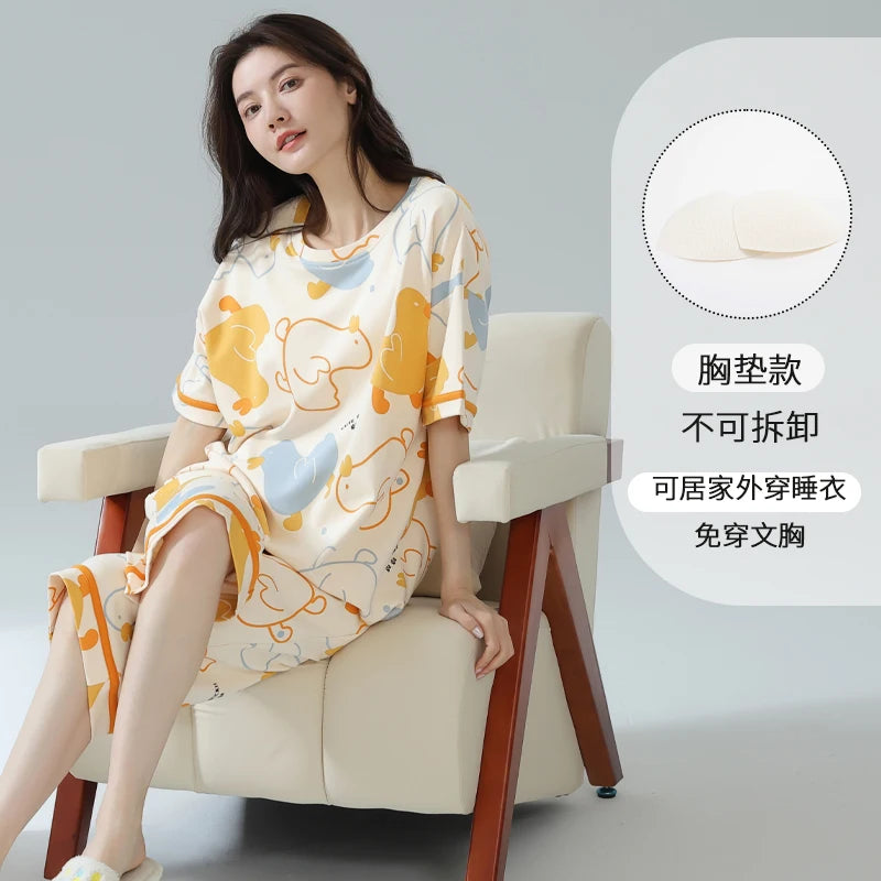 2-Pcs Women’s Summer Cotton Pajama Set – Short Sleeve Top & Calf-Length Pants with Cute Prints