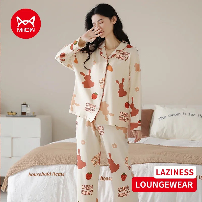 Women’s Winter 100% Cotton Pajama Set – Loose Fit, Turn-Down Collar, Long Sleeves, Cute Pink