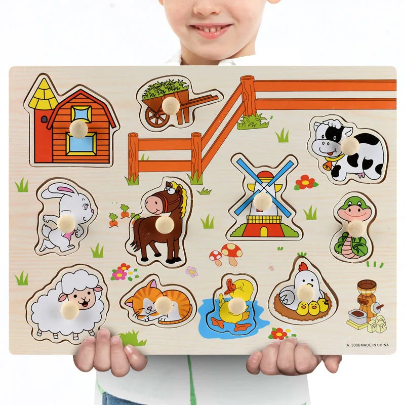 Montessori Wooden Puzzles Hand Grab Boards Toys Tangram Jigsaw  Educational Toys Cartoon Vehicle Animals Fruits 3D Puzzles