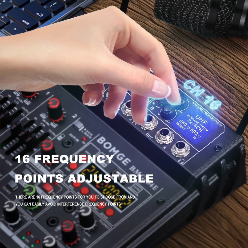 4 Channel Karaoke Audio Mixer with Dual UHF Wireless Microphones and Bluetooth