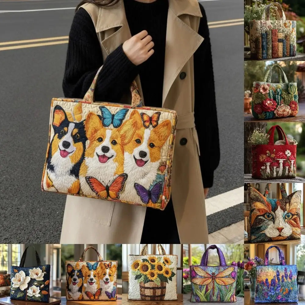 Vintage Quilted Canvas Tote Bag Large Capacity 3D Printed Shoulder Handbag