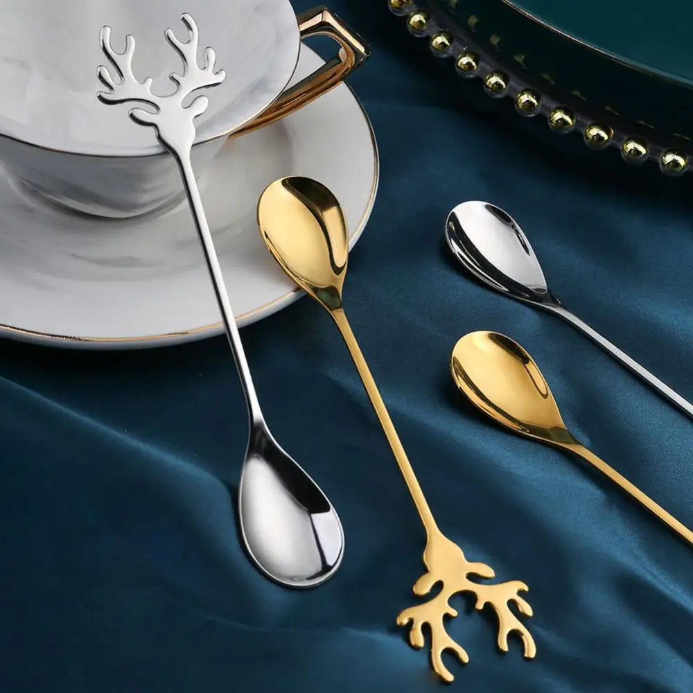 Nordic Dessert Spoon Elk Stainless Steel Coffee Spoons Stirring Tablespoon Little Deer Shape Christmas Tableware New Year Gift