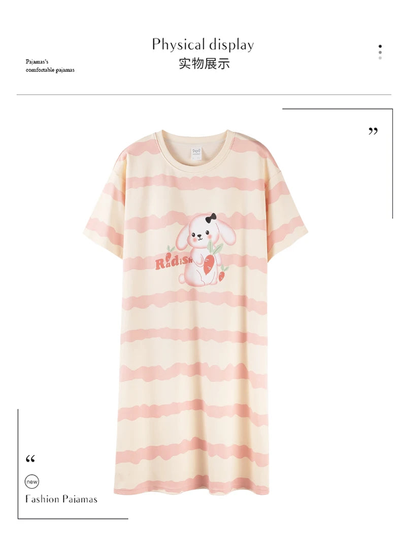 Women’s Cotton Nightgown – Korean Style Cute Print, Summer Short Sleeve Sleepwear Dress