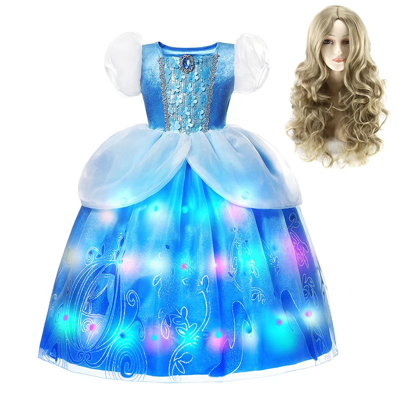 LED Light Up Girls Disney Cinderella Princess Cosplay Dress Kids Ball Gown Sequin Carnival Mesh Clothing for Birthday Christmas