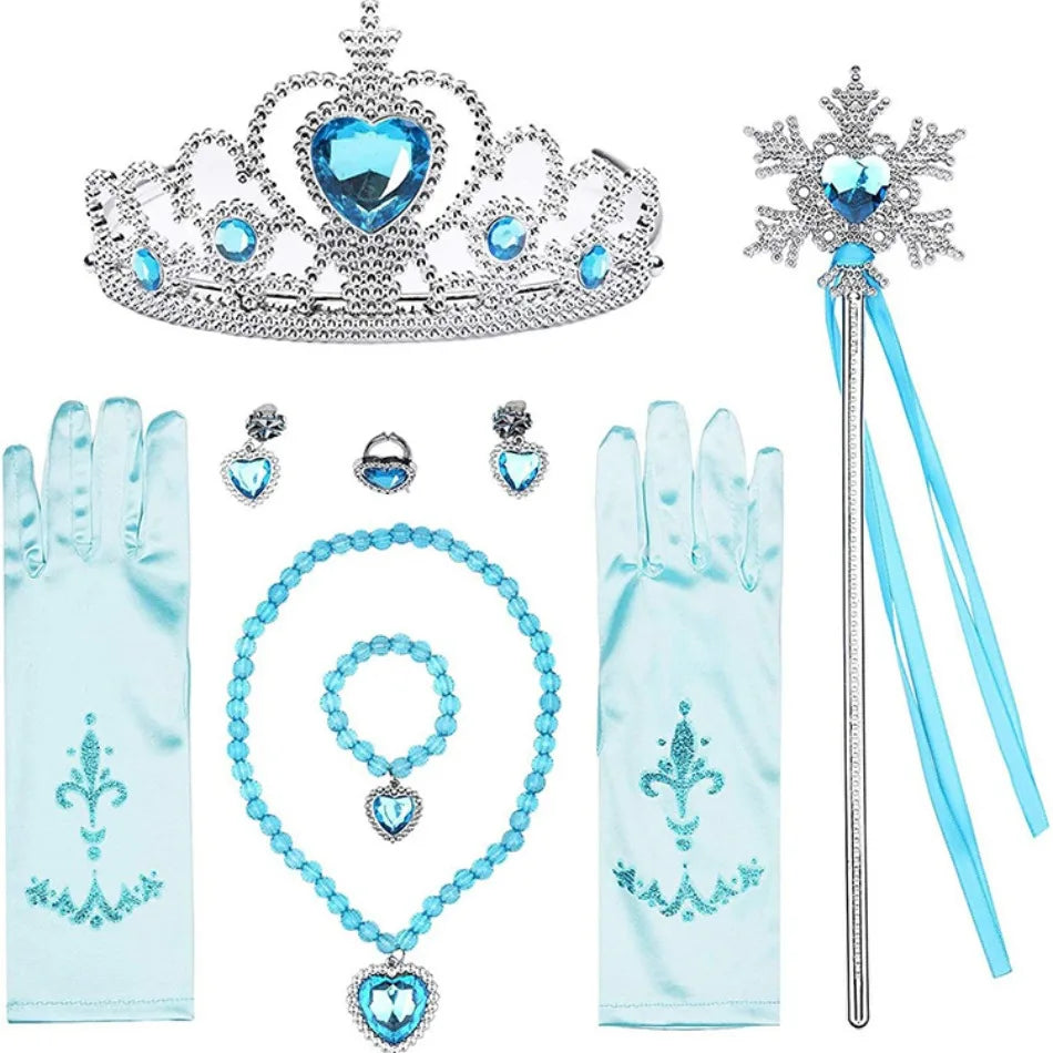 Girl Elsa Cosplay Accessories  Princess Snow Queen Dress Up Jewelry Wand Crown Necklace Earclips Photography Role Play Props