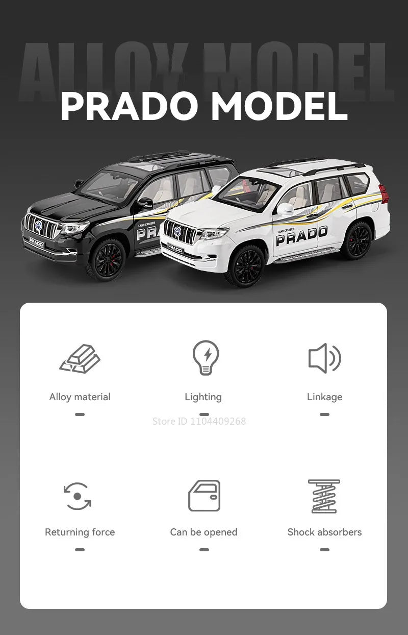 1:18 Large Size Prado SUV Model Toy Car Doors Opened Metal Diecast Shock Absorption Music Light Vehicles Models Birthday Gifts