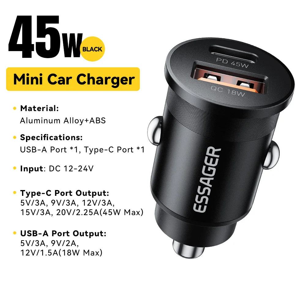 45W Mini USB-C + USB Fast Car Charger (PD 3.0 + QC 3.0)