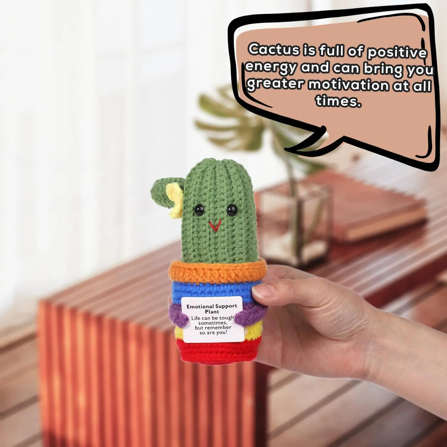 2 Pcs Funny Crochet Positive Energy Cactus Doll with Encouragement Card Handmade Wool Knitted Emotional Support Plant Ornament Gifts