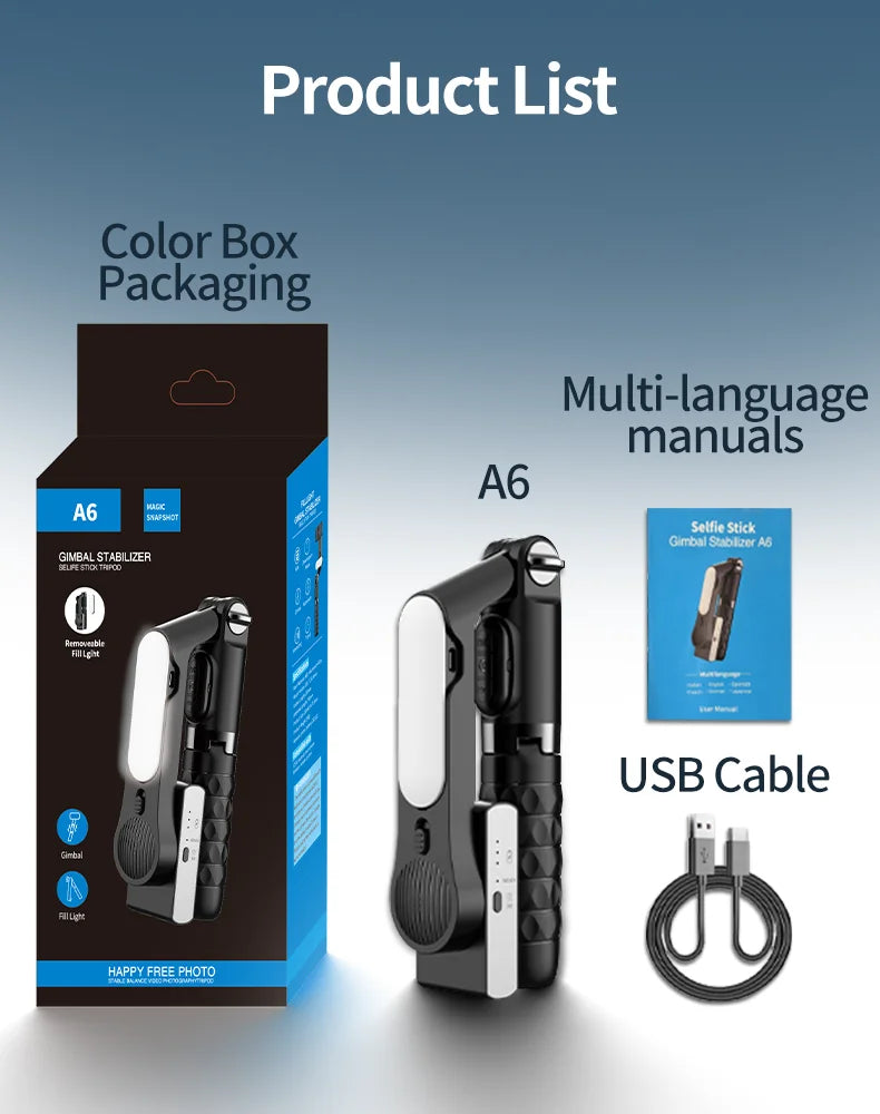 A6 2025 1-axis handheld gimbal stabilizer w/ selfie stick/tripod, wireless remote, 400mAh Li-ion battery, USB charging, iOS