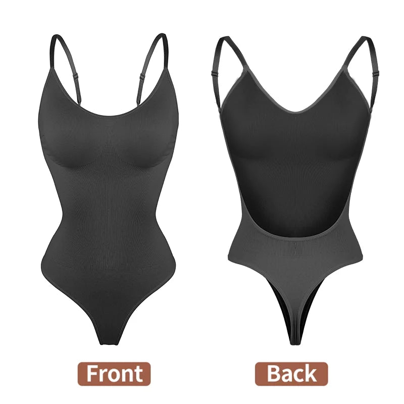 Deep V-Neck Backless Bodysuit Shapewear – Push Up Thong Body Shaper