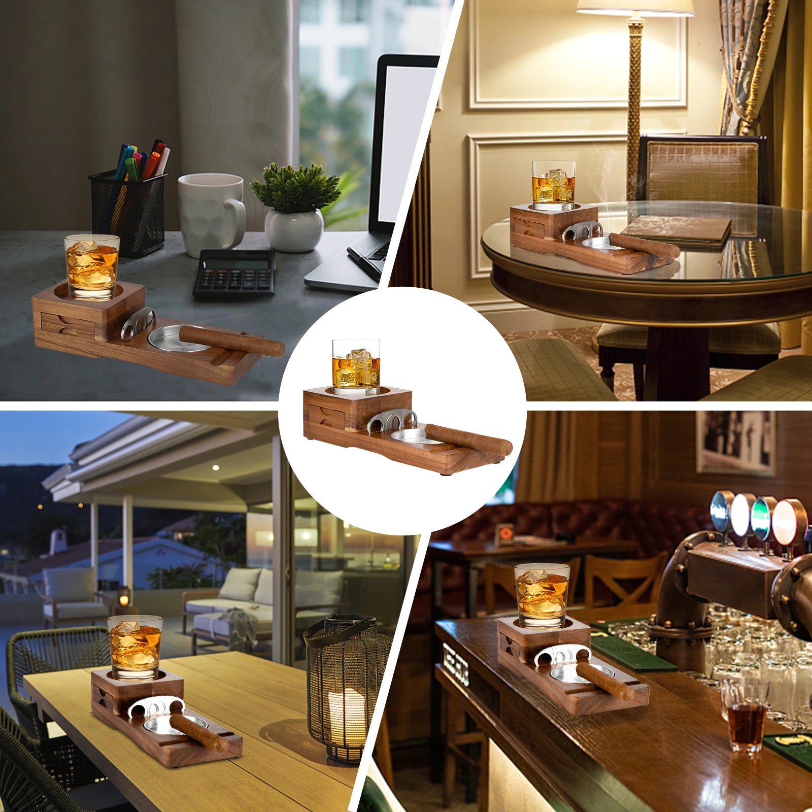 Cigar Ashtray for Men, Whiskey Glass Tray, Wooden Ash Tray, Cigar Cutter, Include Drawer, Cigar Slot, Accessories