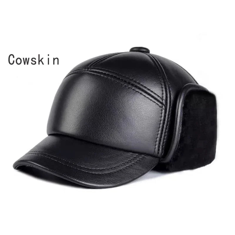 Winter Men's  Hat Thicken Leather Cowhide Baseball Caps With Ears Warm Snapback