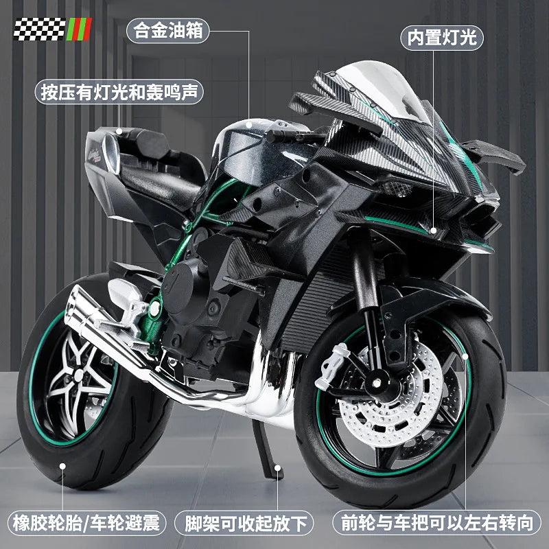 1:10 BMW S1000RR Kawasaki H2R V4S Alloy Die Cast Motorcycle Model Vehicle Collection Sound and Light Off Road Autocycle Toys Car