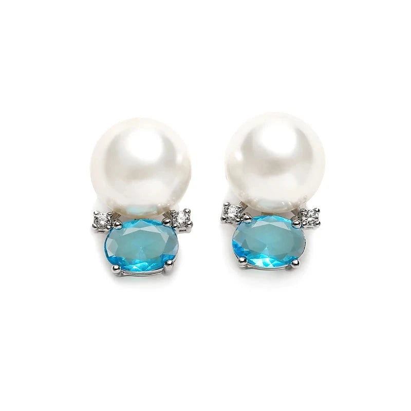 Cute Blue Oval Cubic Zirconia Stud Earrings for Women Small Imitation Pearl Earring