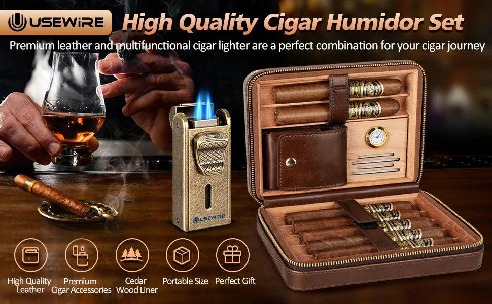 Leather Cigar Humidor with Cigar Lighter,Built-in Straight Cigar Cutter and Cigar Punch,Humidifier and Cedar Tray