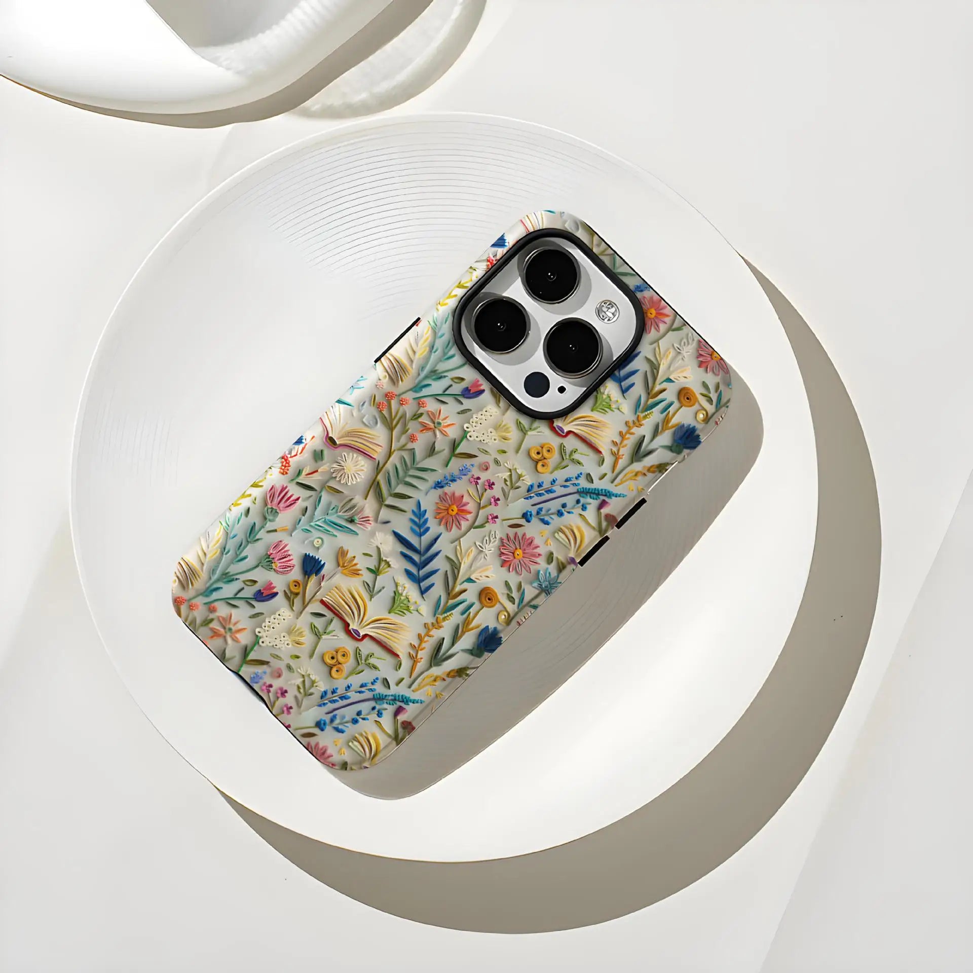 Romantic Wildflower Boho Embroidery Phone Case for iPhone 16 15 Pro Max Plus – 2 in 1 Hard Protection