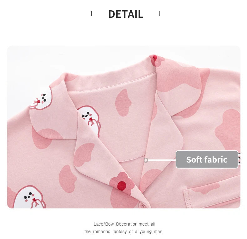 Women’s Winter 100% Cotton Pajama Set – Loose Fit, Turn-Down Collar, Long Sleeves, Cute Pink