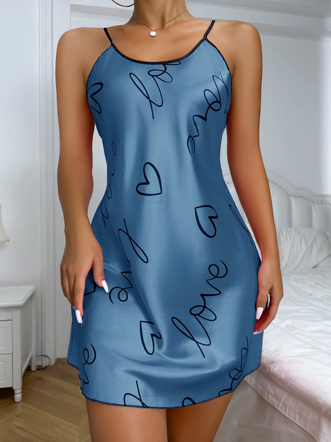 Heart Letter Print Nightdress  Casual Round Neck Spaghetti Strap Sleep Dress  Women's Sleepwear   Dresses