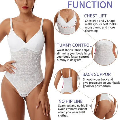 Womens Lace Bodysuit Tummy Control Shapewear Thong Built-in Bra Corset Tops Body Shaper Camisole Butt Lifter Jumpsuits