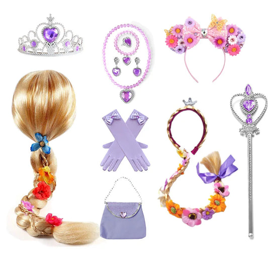 Rapunzel Princess Accessories Gloves Wand Crown Jewelry Set Wig Necklace Braid for Princess Dress Clothing Cosplay Dress UP
