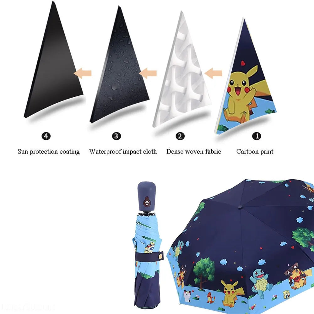 Kids Folding Umbrella Automatic Open Cartoon UV Protection Travel Umbrella Compact Windproof