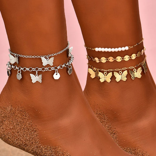 Vintage Boho Silver Color Butterfly Chain Anklets for Women Summer Beach Bracelet on Leg