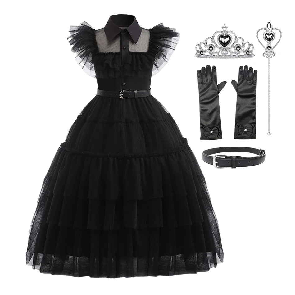 Gothic Costume Kid Teen Wednesdays Addams Dance Vestidos Halloween Cosplay Robe Clothes