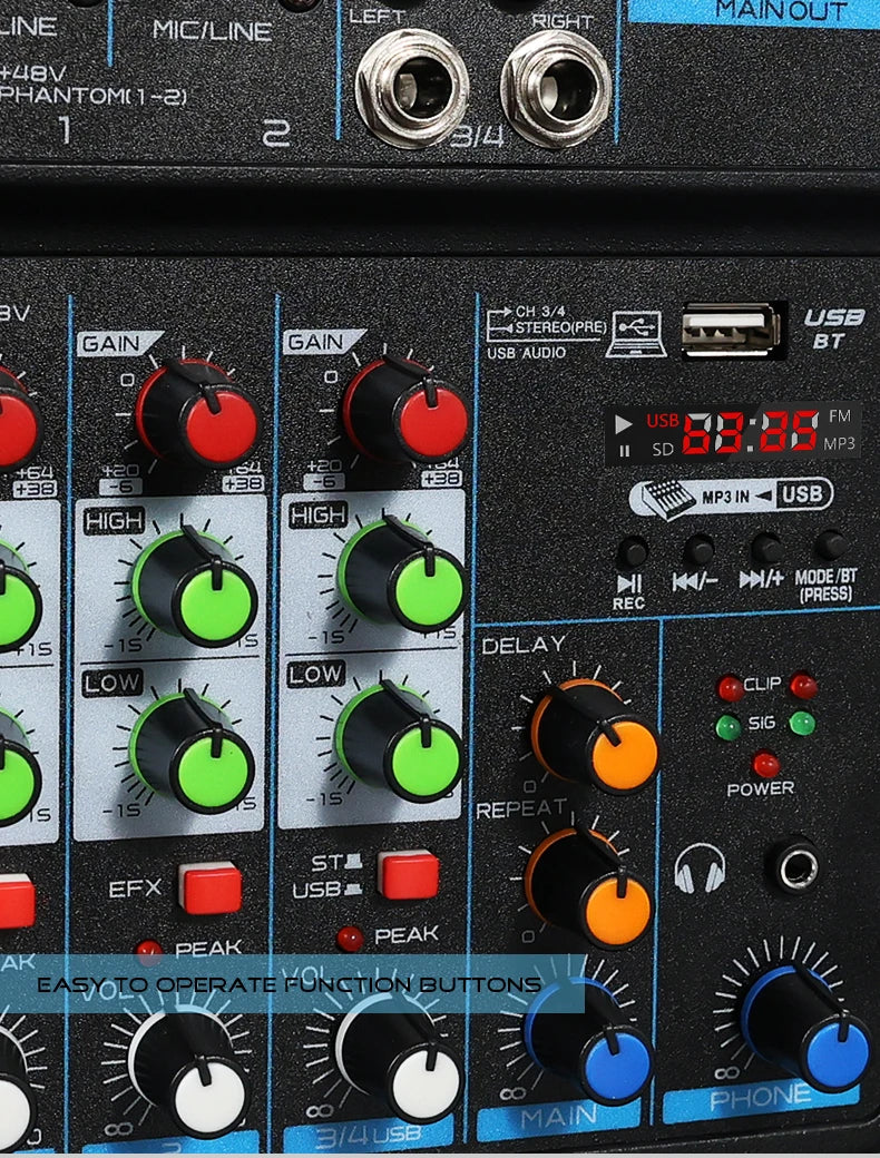 4 Channel DJ Audio Mixer With Bluetooth USB And 48V Phantom Power
