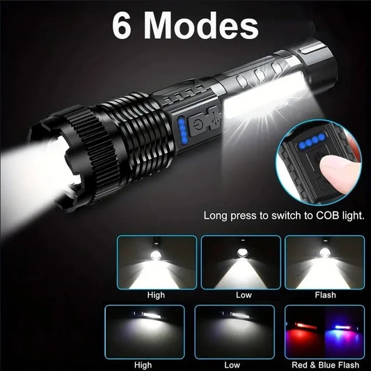 High Power Rechargeable LED Flashlight With Zoom And COB Side Light