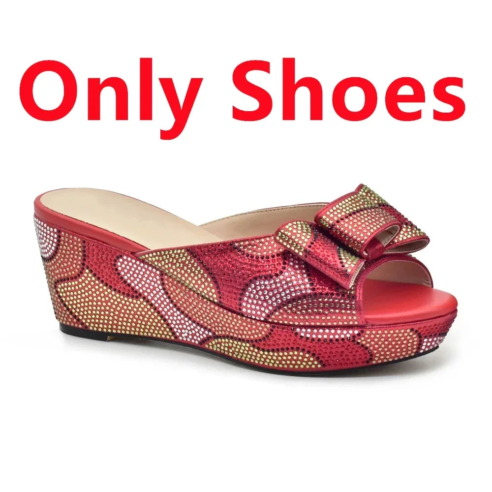 Design Italian Shoes and Bags Matching Set Decorate with Rhinestone Wedges Shoes for Women Luxury Round Toe Platform Shoes