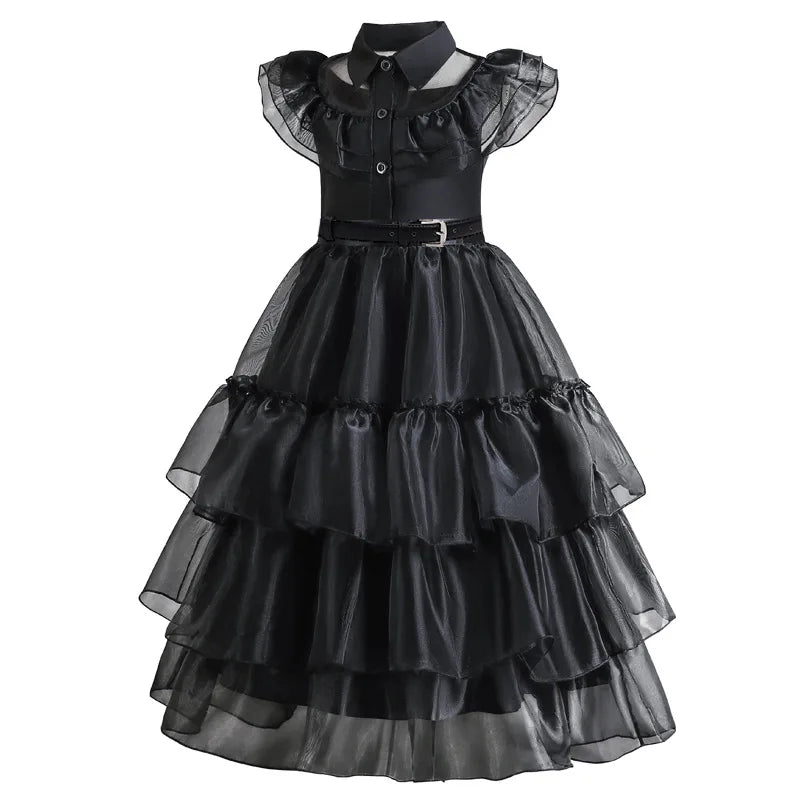 Girls Mesh Hollowed Out Cake Long Dress Cosplay American Drama Matching Ball Dress Black Kids Cospaly Dresses for Halloween