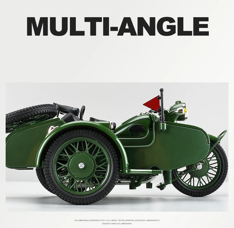 1/10 Alloy Retro Tricycle Side-car Motorcycle Model Diecast Metal Classic Military Motorcycle Model Sound and Light Toy Gift