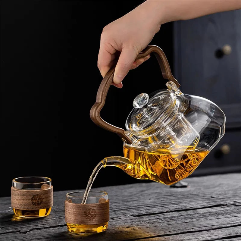 1000ML Octahedral Heat Resistant Glass Teapot Steaming and Boiling Dual-use Lifting Beam Tea Pot Glass Kettle Kung Fu Tea Set