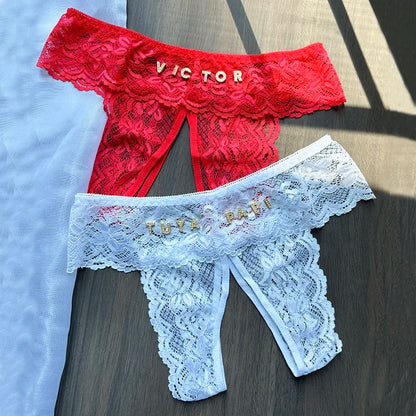 Plus Size Thongs Custom Name Lace Panties Open Crotch Temptation Erotic Customized Personalize Crystal Letter G-String Women