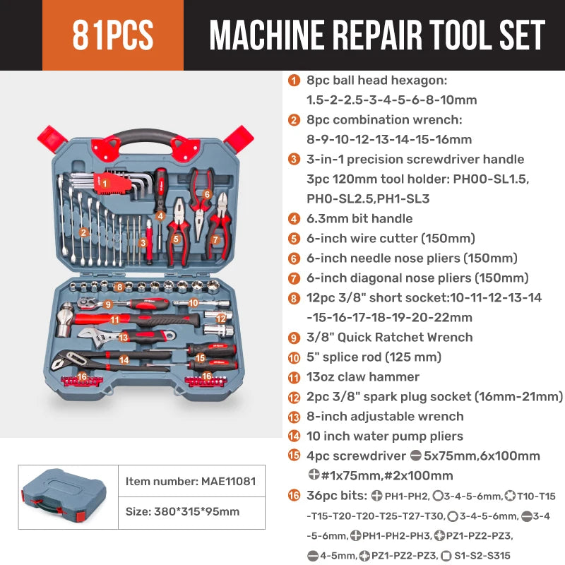 Hi-Spec Car Repair Tool Kit Socket Wrench Set 1/4 3/8 1/2 Ratchet Combination Tool Set for Home & Auto Maintenance
